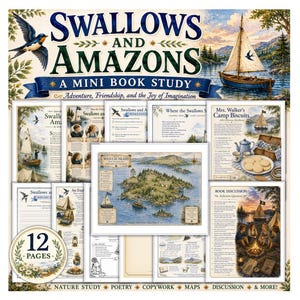 May include: A 12-page mini book study for Swallows and Amazons featuring educational worksheets, a map of Wild Cat Island, discussion questions, and recipes. The pages include illustrations of sailboats, campfires, and nature-themed graphics.