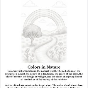 Op de afbeelding: Een zwart-wit kleurplaat met de titel Lesson 31- Continued en Colors in Nature. De illustratie toont een landschap met een kronkelend pad, een grote boom, bloemen, bergen en een regenboog aan de lucht met wolken boven de horizon.