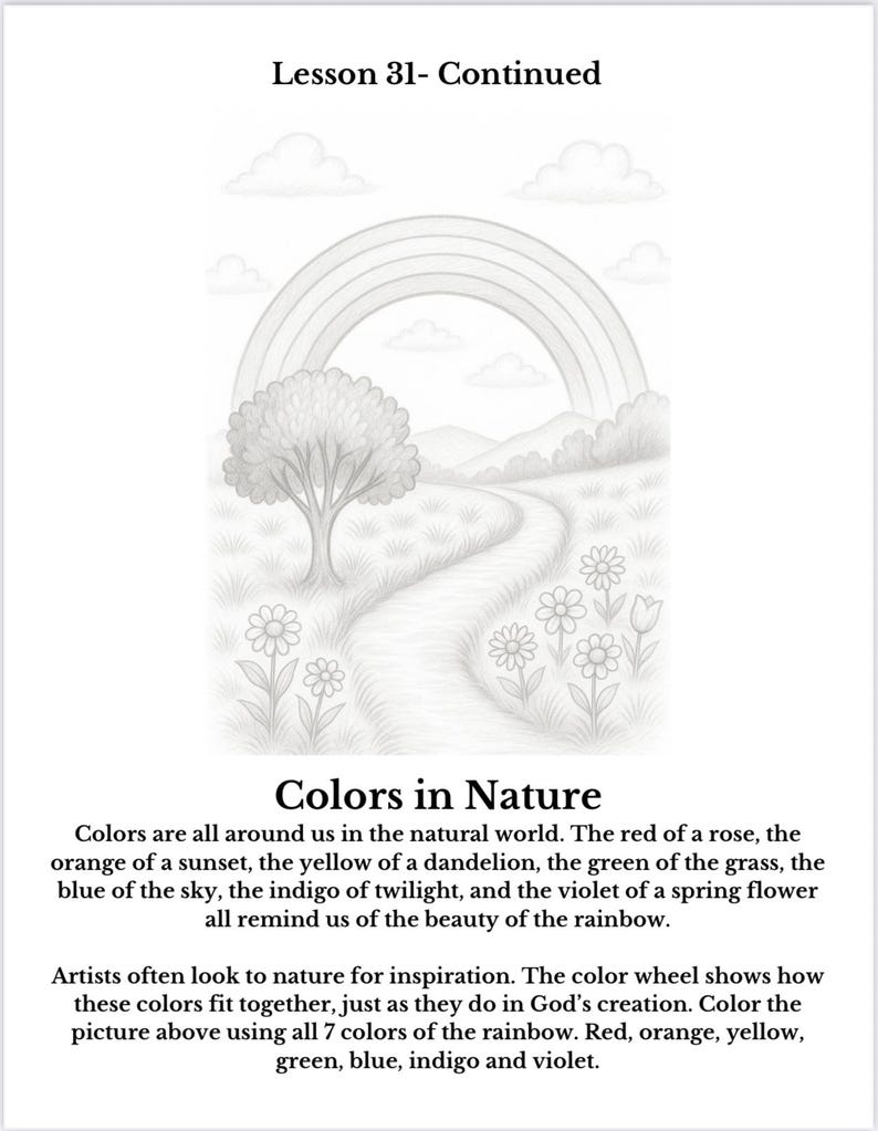 Op de afbeelding: Een zwart-wit kleurplaat met de titel Lesson 31- Continued en Colors in Nature. De illustratie toont een landschap met een kronkelend pad, een grote boom, bloemen, bergen en een regenboog aan de lucht met wolken boven de horizon.