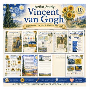 May include: A 10-page educational artist study set about Vincent van Gogh featuring illustrated activity sheets, informational text, and art history lessons. The pages include themes like sunflowers, starry skies, and painting techniques.