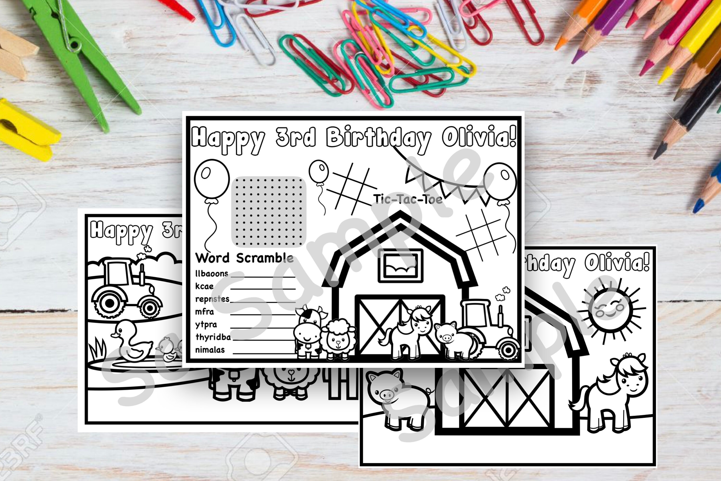 Set of 3 Customizable Farm Theme Birthday Coloring Pages | Etsy