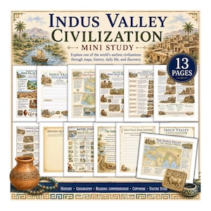 Pode incluir: Um conjunto educativo de 13 páginas sobre a civilização do vale do Indo, com fichas ilustradas, mapas, cronologias e exercícios de escrita. O conjunto inclui um vaso de barro castanho e um pequeno selo de pedra com um touro gravado.