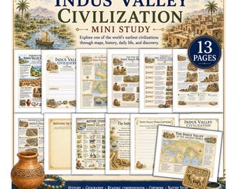 Puede incluir: Un set educativo de 13 páginas sobre la civilización del valle del Indo, con hojas de trabajo ilustradas, mapas, líneas de tiempo y ejercicios de caligrafía. Incluye una vasija de barro marrón y un sello de piedra con un toro grabado.