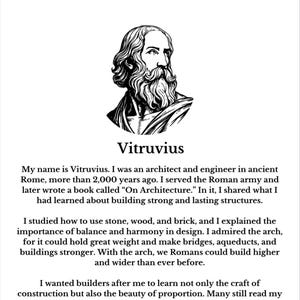 Op de afbeelding: Een zwart-wit educatieve pagina getiteld Lesson 22- Continued met een lijntekening van Vitruvius. De tekst geeft een biografische samenvatting van de oude Romeinse architect en ingenieur, met details over zijn werk aan architectuur en bogen.