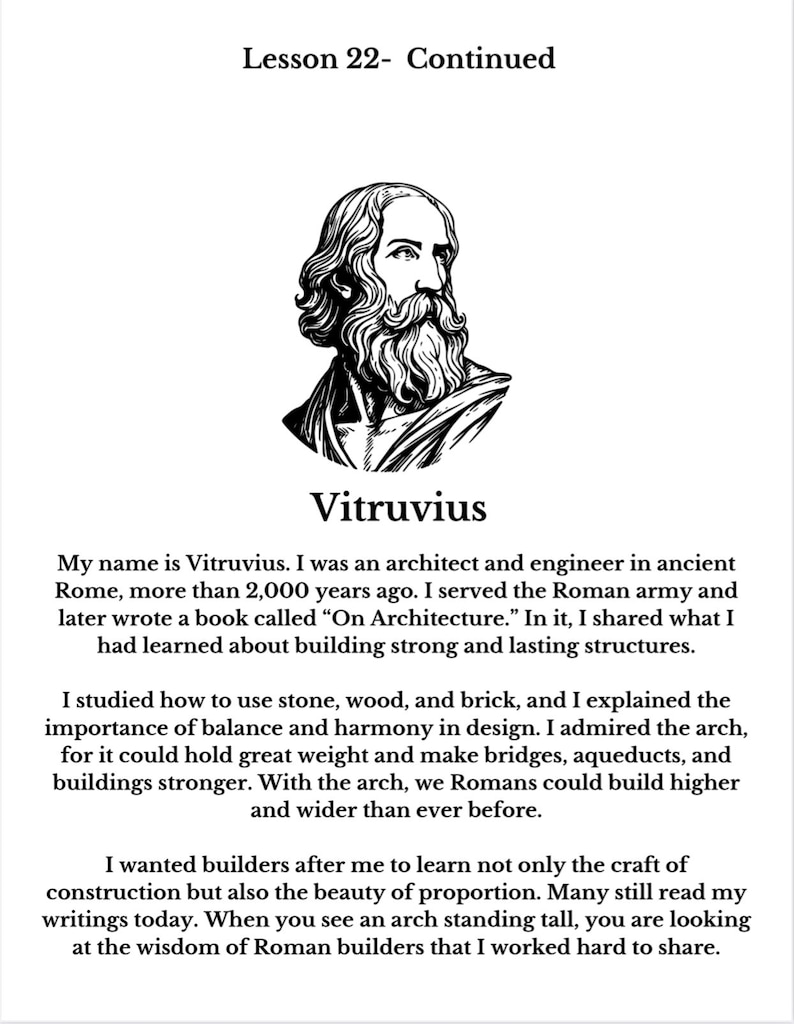 Op de afbeelding: Een zwart-wit educatieve pagina getiteld Lesson 22- Continued met een lijntekening van Vitruvius. De tekst geeft een biografische samenvatting van de oude Romeinse architect en ingenieur, met details over zijn werk aan architectuur en bogen.