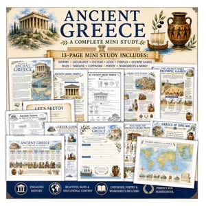 Pode incluir: Um conjunto de estudo educativo de 13 páginas sobre a Grécia Antiga, com folhas de exercícios impressas, mapas, cronologias e ilustrações de templos, navios e cerâmica. A capa exibe o título Ancient Greece A Complete Mini Study.