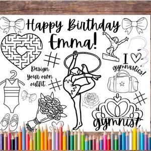 Customizable Gymnastics Printable Coloring and Activity Page, Gymnastics Birthday Party, Gymnastics Theme