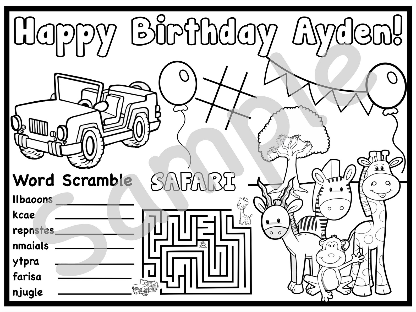Set of 3 Safari Theme Birthday Printable Coloring Pages - Etsy