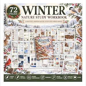 May include: A 72-page Winter Nature Study Workbook featuring a spiral-bound cover with a chickadee on a pine branch. The set includes multiple educational activity sheets, a Winter Naturalist certificate, and illustrations of a deer, owl, fox, and cardinal.