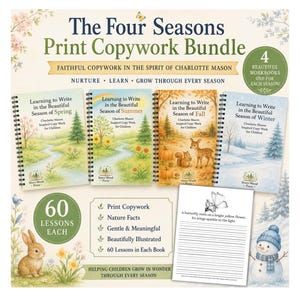 以下が含まれることがあります： The Four Seasons Print Copywork Bundleには、Learning to Write in the Beautiful Season of Spring、Summer、Fall、Winterというタイトルの4冊のスパイラル綴じワークブックが含まれており、季節のイラストと各60のレッスンが掲載されています。