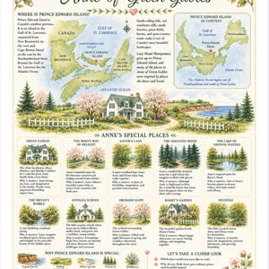 May include: A decorative poster titled The Geography of Anne of Green Gables, featuring a map of Prince Edward Island, illustrations of iconic locations like Green Gables, and descriptive text detailing the landscape and special places.