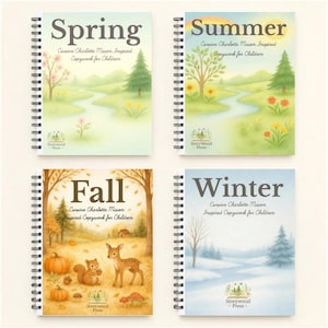 May include: Four spiral-bound notebooks, each depicting a season: Spring, Summer, Autumn, and Winter. The covers display watercolour illustrations of landscapes, with the season's name and "Cursive Charlotte Mason Inspired Copywork for Children" text. The Storywood Press logo is at the bottom.