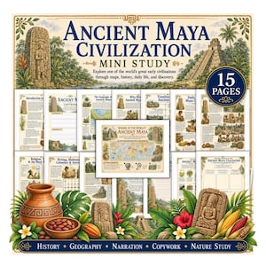 以下が含まれることがあります： Ancient Maya Civilizationと題された15ページの教育用ミニ学習セット。歴史、地理、自然研究に関する内容で、マヤ文明の文化や日常生活について解説したイラスト入りのワークシート、地図、テキストが含まれています。