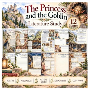 Puede incluir: Una guía de estudio literario de 12 páginas titulada The Princess and the Goblin, con ilustraciones de un castillo, duendes y una niña. Las páginas incluyen secciones de poesía, narración, estudio de la naturaleza, geografía y caligrafía.