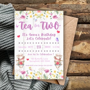 Customizable Tea For Two Birthday Party Invitation, Tea Party, Personalized Birthday Invitation, Custom Invitation, Printable