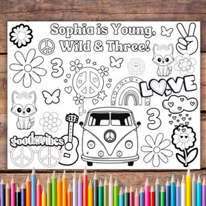 Customizable Fox Flower Crown Birthday Printable Coloring Page, Two Groovy Birthday, 7th Heaven Birthday, Young, Wild and Three, Groovy