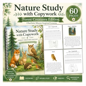 以下が含まれることがあります： Nature Study with Copywork: Forest Creatures Editionというタイトルのスパイラル綴じの学習本。キツネ、ウサギ、ハリネズミ、鳥のイラストが描かれています。表紙には60ページと記載されており、フクロウやキツネに関するサンプルページが示されています。