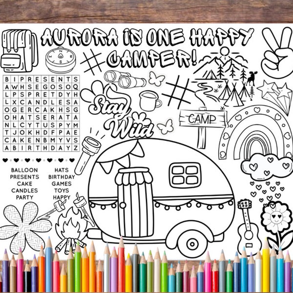Customizable One Happy Camper Birthday Printable Coloring Page, Happy Camper Party Favor, Camp Party Activity, Happy Camper Party, Activity