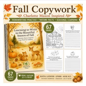 Puede incluir: Un libro de caligrafía de 67 páginas titulado Learning to Write in the Beautiful Season of Fall, con ilustraciones de un ciervo, una ardilla y calabazas. La edición impresa de 21,59 x 27,94 cm incluye ejercicios de escritura.