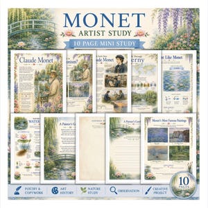 Estudio del artista Monet / Miniunidad imprimible de historia del arte / Estudio de la naturaleza, impresionismo, poesía y ejercicios de caligrafía / Educación en casa y en el aula / PDF