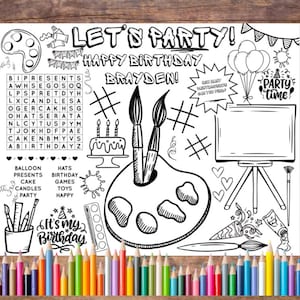 Página para colorear imprimible de cumpleaños de fiesta de arte personalizable, Favor de fiesta de arte, actividad de fiesta de arte, fiesta de pintura, actividad de cumpleaños