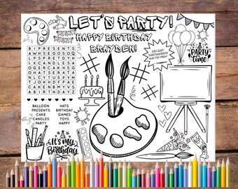 Customizable Art Party Birthday Printable Coloring Page, Art Party Favor, Art Party Activity, Painting Party, Birthday Activity