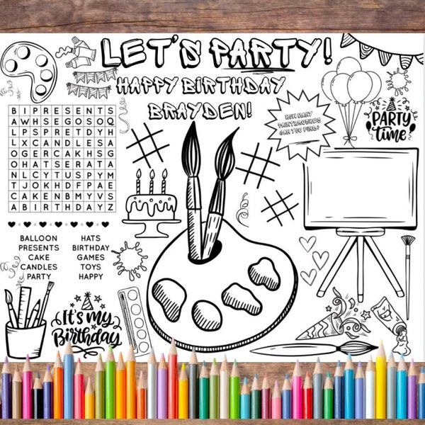 Customizable Art Party Birthday Printable Coloring Page, Art Party Favor, Art Party Activity, Painting Party, Birthday Activity