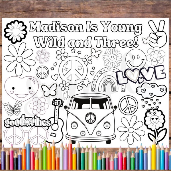 Customizable Young Wild and Three Printable Coloring Page, Two Groovy Birthday Party, Third Birthday, Placemat, Two Groovy