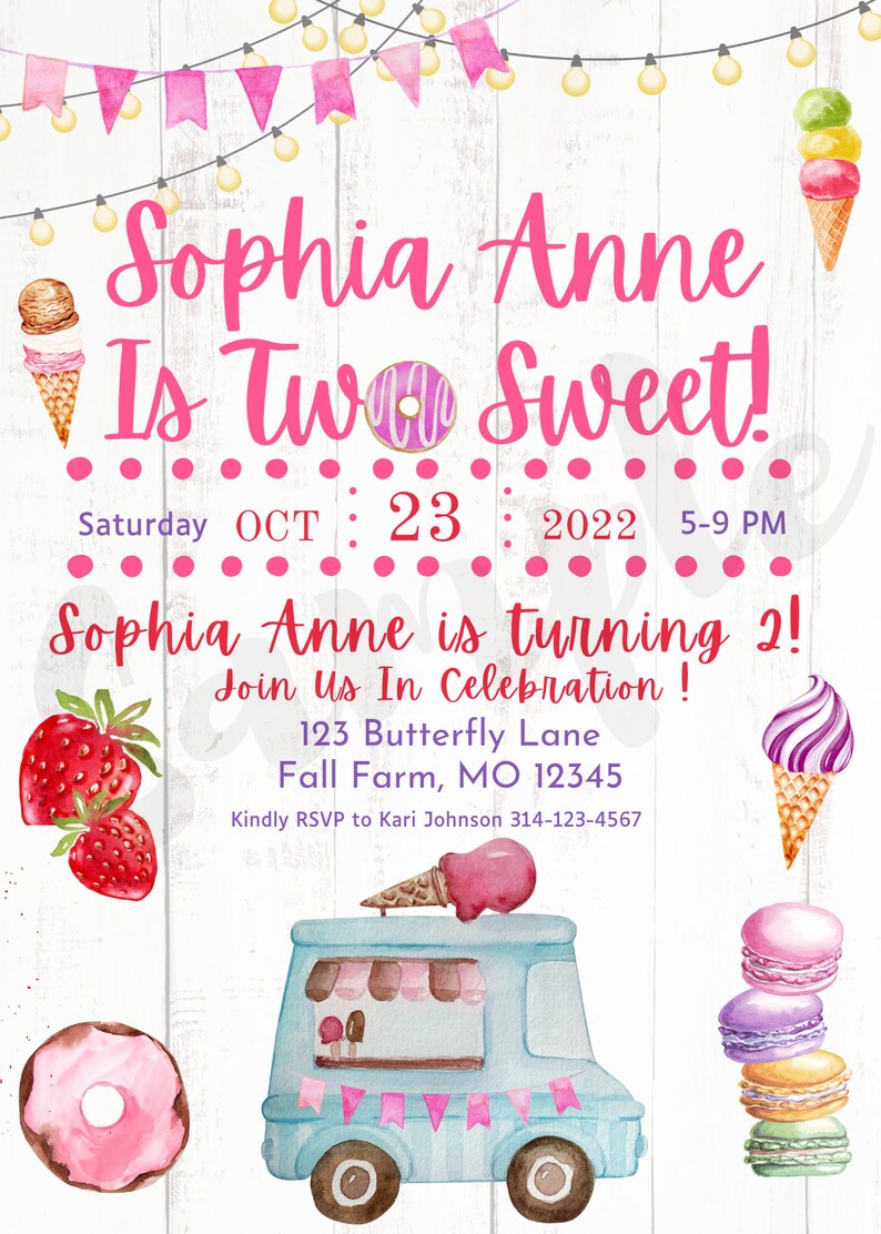 Customizable Two Sweet Party Invitations Second Birthday Invitations Turning 2 Girl Birthday Baby Girl Birthday Invitations