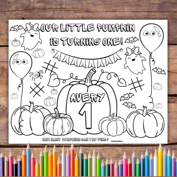 Customizable Our Little Pumpkin Printable Coloring Page, Halloween Party Favor, Pumpkin Party Activity, 1st Birthday Placemat, 2nd Birthday