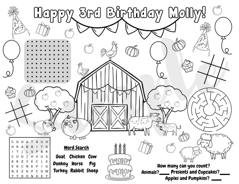 Customizable Farm Theme Birthday Coloring Page - Etsy
