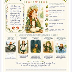 May include: An educational poster titled Let's Think About Anne featuring a central illustration of a girl with red braids and a straw hat reading a book. The poster includes a quote, thoughtful questions, five illustrated adventure scenes, and lined space for copywork at the bottom.