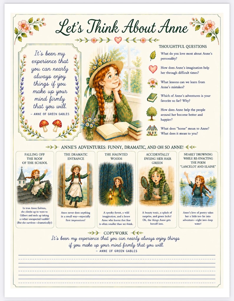 May include: An educational poster titled Let's Think About Anne featuring a central illustration of a girl with red braids and a straw hat reading a book. The poster includes a quote, thoughtful questions, five illustrated adventure scenes, and lined space for copywork at the bottom.
