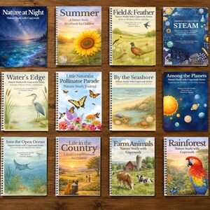 May include: Twelve spiral-bound educational workbooks featuring nature-themed cover illustrations. Titles include Nature at Night, Summer, Field & Feather, STEAM, Water's Edge, Pollinator Parade, By the Seashore, Among the Planets, Ocean, Country, Farm, and Rainforest.
