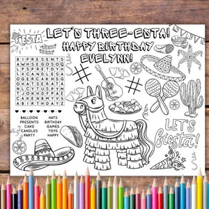 Customizable Three-Esta!  Birthday Printable Coloring Page, LET’S FIESTA Party Favor, FIESTA Party Activity, Three Esta, Fiesta Activity