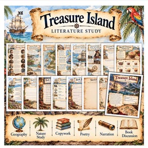 May include: A Treasure Island literature study curriculum set featuring multiple printed activity sheets with nautical, pirate, and tropical illustrations. The collection includes sections for geography, nature study, copywork, poetry, narration, and book discussion.