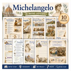 May include: A 10-page educational study guide titled Michelangelo: A Mini Study, featuring historical illustrations, text about Renaissance Italy, art project suggestions, and poetry copywork, presented as a collection of individual printed sheets.