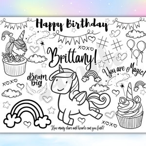 Customizable Unicorn Birthday Party Coloring Page, Unicorn Birthday, Personalized Birthday Placemat, Coloring Page, Unicorn Party