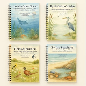 May include: Four spiral-bound nature study books. Titles include "Into the Open Ocean," "By the Water's Edge," "Fields & Feathers," and "By the Seashore." Each book features a watercolour illustration of the subject matter, with text describing the series and author.
