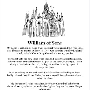 Op de afbeelding: Een zwart-wit educatieve pagina getiteld Lesson 25- Continued met een lijntekening van een gotische kathedraal met spitsbogen en torens. De tekst beschrijft het leven en werk van William of Sens, een meesterbouwer uit Frankrijk.