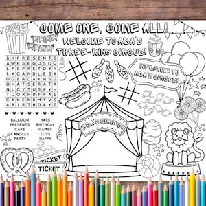 Customizable Circus Party Birthday Printable Coloring Page, Circus Party Favor, Circus Party Activity, Carnival Party, Birthday Activity