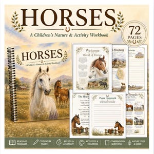 Puede incluir: Un cuaderno de actividades y naturaleza para niños con encuadernación en espiral titulado HORSES, que muestra un caballo blanco en la portada. El set incluye 72 páginas con lecturas, ejercicios de escritura, razas, anatomía y colorear.