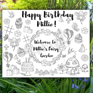 Customizable Fairy Garden Birthday Party printable, Fairy Garden Birthday, Personalized Birthday Placemat, Custom Coloring Page