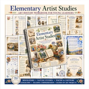 Op de afbeelding: Een spiraalgebonden kunstgeschiedeniswerkboek getiteld Elementary Artist Studies voor jonge leerlingen. De omslag bevat illustraties van bloemen, een wereldbol en schildersbenodigdheden. Het werkboek bevat 84 pagina's met kunstenaarsbiografieën, natuurstudies, aardrijkskunde, begrijpend lezen, poëzie, overschrijfoefeningen en praktische kunstprojecten, met verschillende binnenpagina's op de achtergrond.