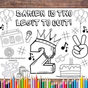 Customizable Two Legit Printable Coloring Page, Two Legit to Quit Party, Second Birthday, Placemat, Printable Party Favor