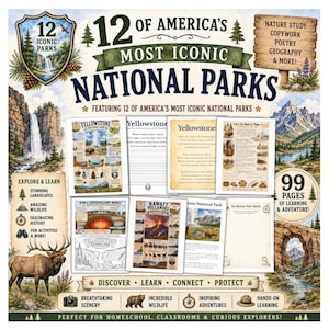 May include: A 99-page educational activity book titled 12 of America's Most Iconic National Parks, featuring illustrations of landscapes, wildlife, and historical facts. The cover displays various worksheets, including maps, poetry, and sketches of Yellowstone and Hawaii Volcanoes.