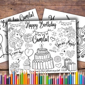 Customizable Printable Unicorn Birthday Coloring Pages, Unicorn Party Favor, Unicorn Party Activity, Activity Placemat