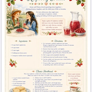 May include: A recipe print titled Raspberry Cordial and Classic Shortbread featuring illustrations of Anne and Diana, a pitcher of red liquid, raspberries, and shortbread cookies. The text includes ingredients and directions for both recipes.