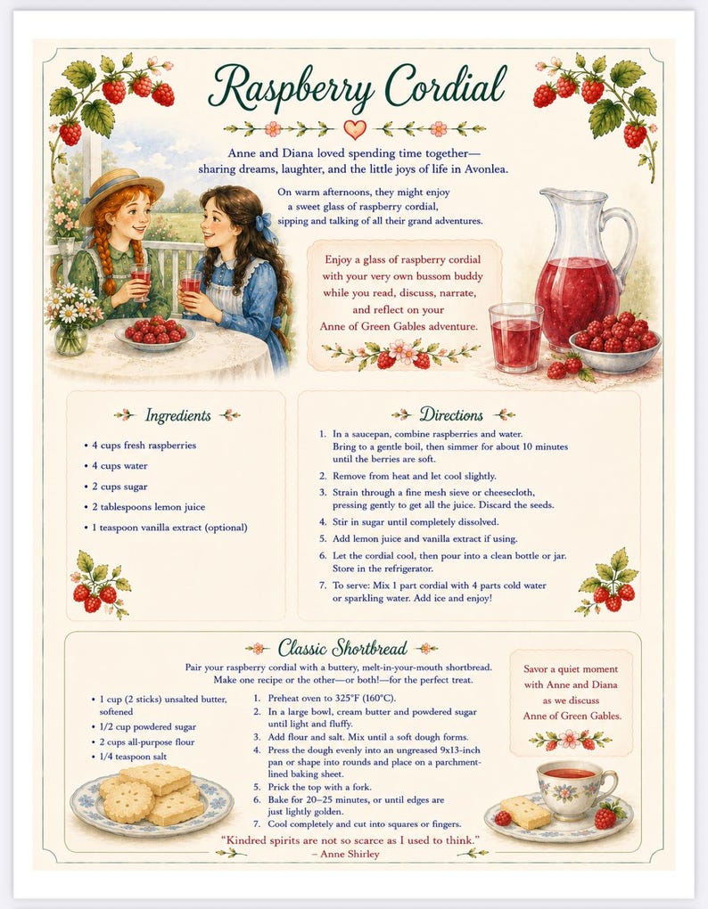 May include: A recipe print titled Raspberry Cordial and Classic Shortbread featuring illustrations of Anne and Diana, a pitcher of red liquid, raspberries, and shortbread cookies. The text includes ingredients and directions for both recipes.