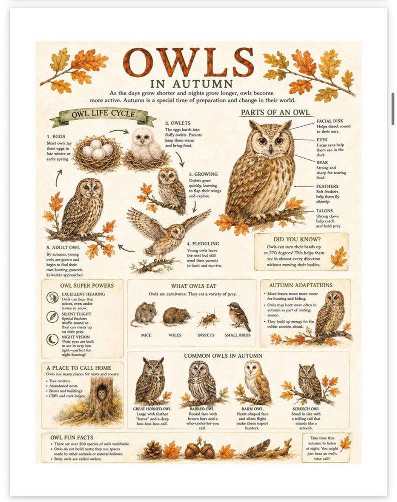 May include: An educational poster titled Owls in Autumn featuring illustrations of owl life cycles, anatomy, diet, and species. The print includes detailed diagrams, text descriptions, and autumn leaf accents on a cream background with brown text.